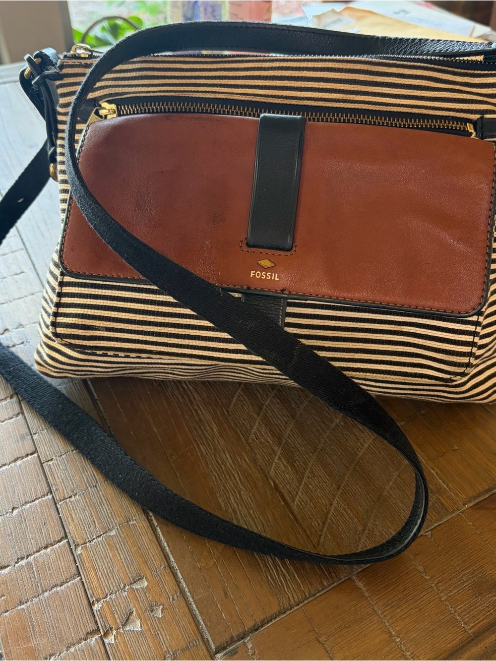 Fossil Striped Canvas & Genuine Leather Shoulder/Crossbody Bag Key Charm